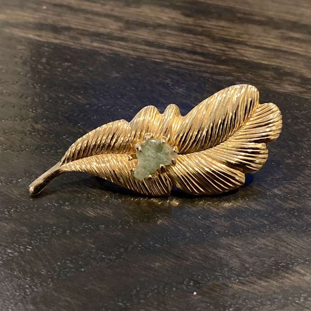Gold Feather Pin Brooch with Stone (2 Inches)